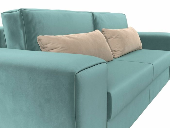 Прямой диван-кровать Лига 008 бирюзового цвета с бежевыми подушками - лучшие Прямые диваны в INMYROOM