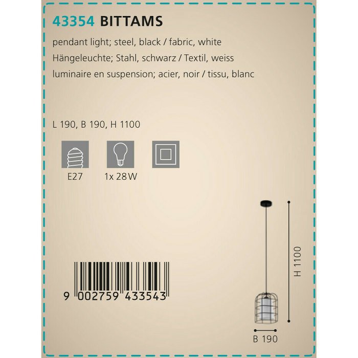 Подвесной светильник Bittams черно-белого цвета - купить Подвесные светильники по цене 3290.0