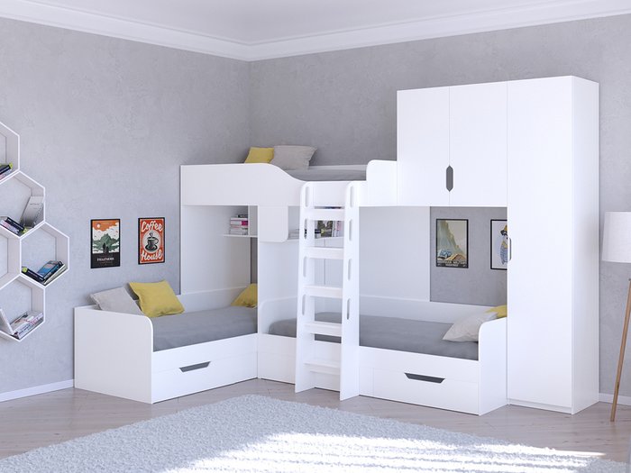 Двухъярусная кровать Трио 2 80х190 белого цвета - купить Двухъярусные кроватки по цене 45400.0