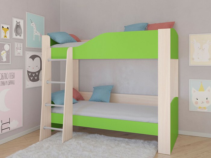 Двухъярусная кровать Астра 2 80х190 цвета Дуб молочный-салатовый - купить Двухъярусные кроватки по цене 16900.0
