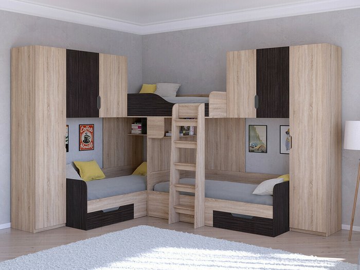 Двухъярусная кровать Трио 3 80х190 цвета Дуб Сонома-Венге - купить Двухъярусные кроватки по цене 58400.0