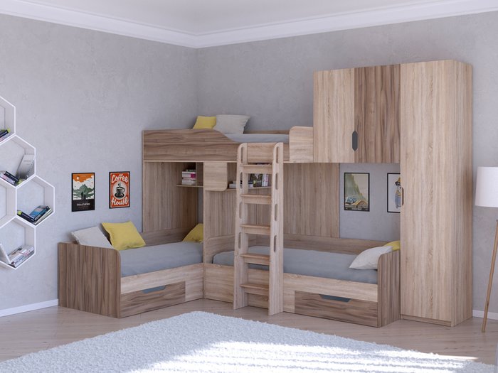 Двухъярусная кровать Трио 2 80х190 цвета Дуб Сонома-Орех - купить Двухъярусные кроватки по цене 49950.0