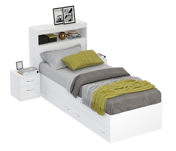 Кровать Виктория 90х200 с двумя тумбами белого цвета