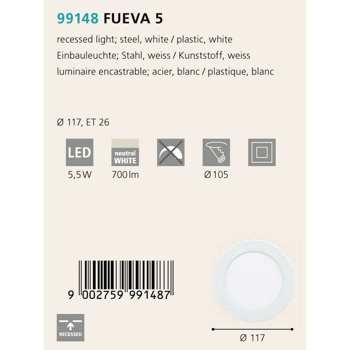 Светильник точечный Fueva белого цвета - купить Встраиваемые споты по цене 1290.0