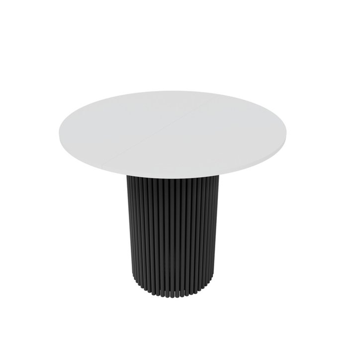 Раздвижной обеденный стол Trubis L Max D90 с металлическим чёрным подстольем и белой столешницей