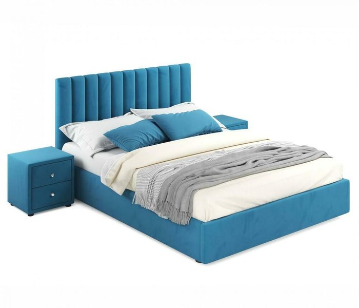 Кровать с подъемным механизмом и двумя тумбами Olivia 160х200 синего цвета