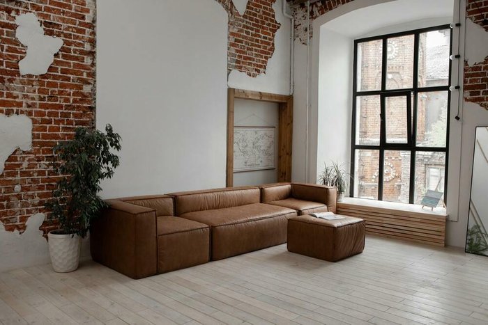 Угловой модульный диван с пуфом Комби светло-коричневого цвета - купить Бескаркасная мебель по цене 194850.0