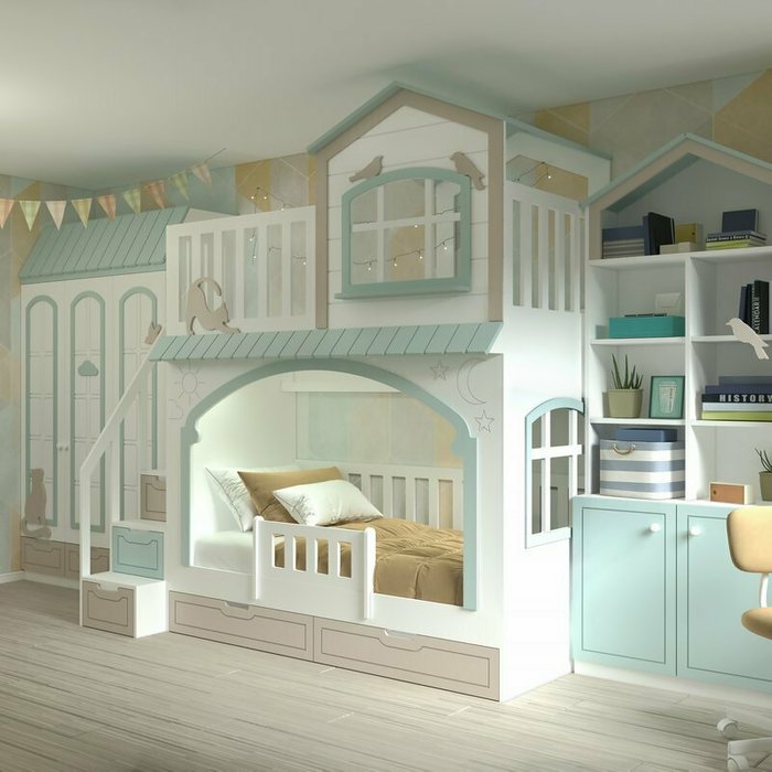 Кровать Кошкин дом 90х180 бело-голубого цвета с лестницей слева - лучшие Двухъярусные кроватки в INMYROOM
