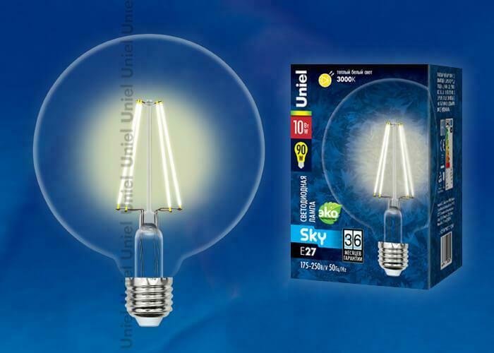 Лампа светодиодная филаментная (10534) Uniel E27 10W 3000K прозрачная LED-G125-10W/WW/E27/CL PLS02WH - купить Лампочки по цене 559.0