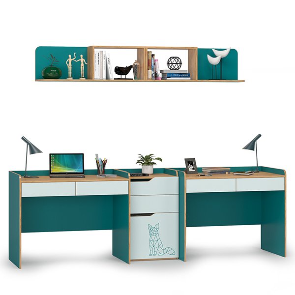 Два письменных стола с комодом и двумя полками Гудвин зеленого цвета