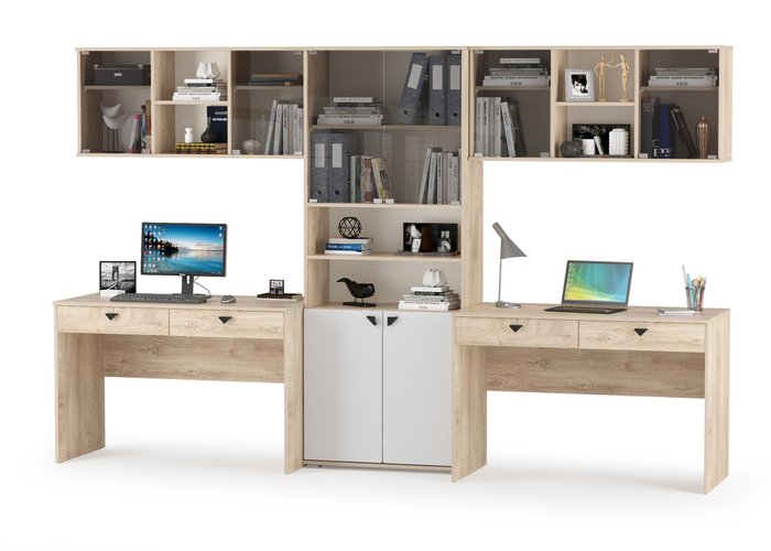 Два компьютерных стола с навесными шкафами и книжным шкафом Бостон бежевого цвета - купить Письменные столы по цене 41345.0