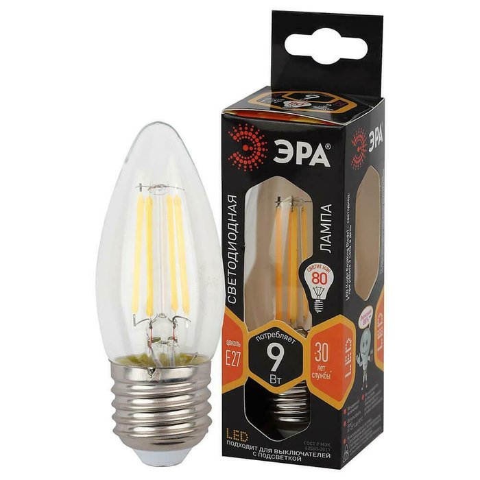 Лампа светодиодная ЭРА E27 9W 2700K прозрачная F-LED B35-9w-827-E27 Б0046993 - купить Лампочки по цене 141.0