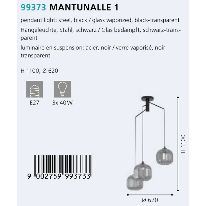 Люстра Eglo Mantunalle 1 99373 - купить Подвесные люстры по цене 10990.0