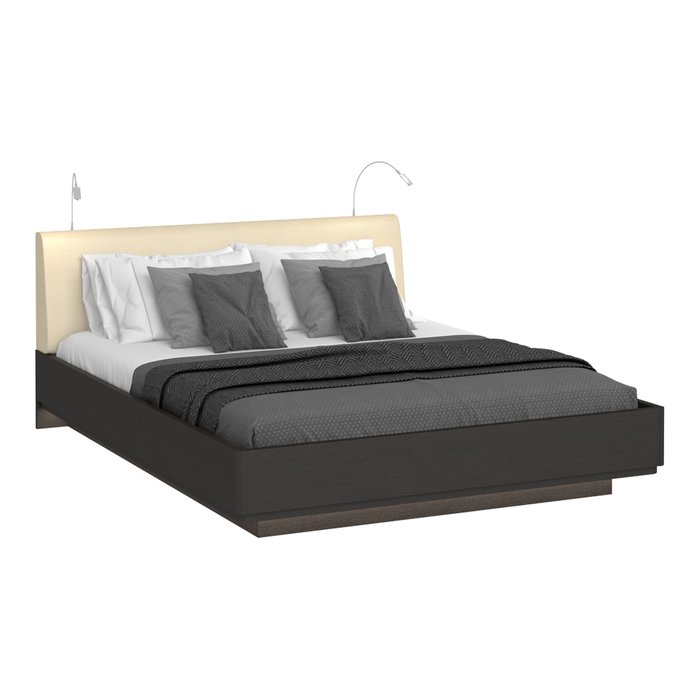 Кровать Элеонора 160х200 с изголовьем бежевого цвета и двумя светильниками - купить Кровати для спальни по цене 131025.0