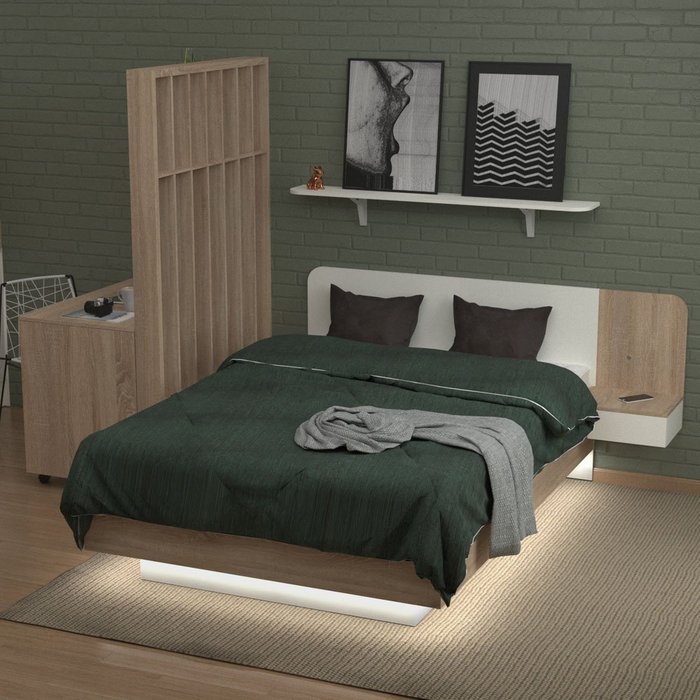 Кровать Астра 120х200 бело-бежевого цвета с подъемным механизмом и одним ящиком - лучшие Кровати для спальни в INMYROOM Кровать Астра 120х200 бело-бежевого цвета с подъемным механизмом и одним ящиком - лучшие Кровати для спальни в INMYROOM