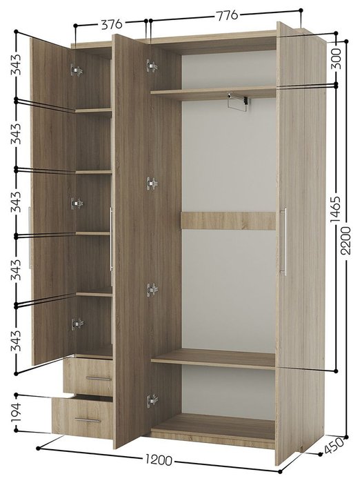Шкаф трехдверный Мелодия МКЯ-32/1 120х45 Дуб Сонома - лучшие Шкафы распашные в INMYROOM Шкаф трехдверный Мелодия МКЯ-32/1 120х45 Дуб Сонома - лучшие Шкафы распашные в INMYROOM