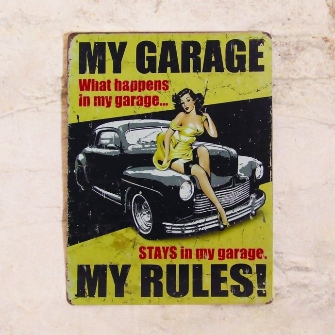 Ретро табличка в стиле пин-ап Мой гараж -  мои правила
