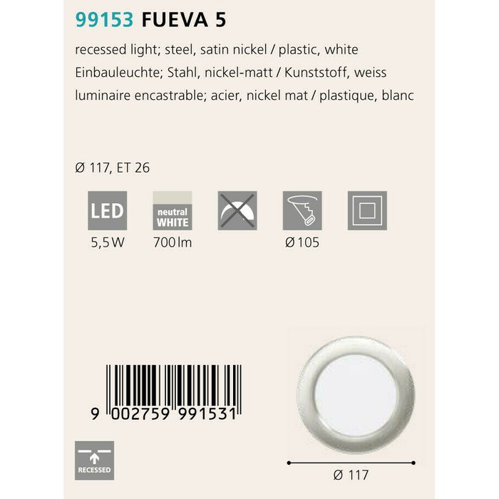 Светильник точечный Eglo Fueva 5 99153 - купить Встраиваемые споты по цене 1490.0