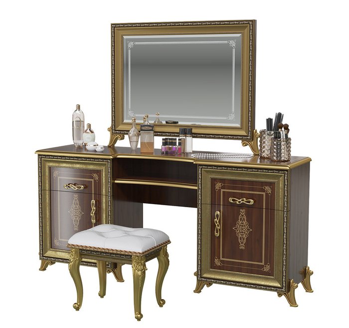 Стол туалетный с пуфом и зеркалом Версаль коричневого цвета - купить Туалетные столики по цене 56961.0