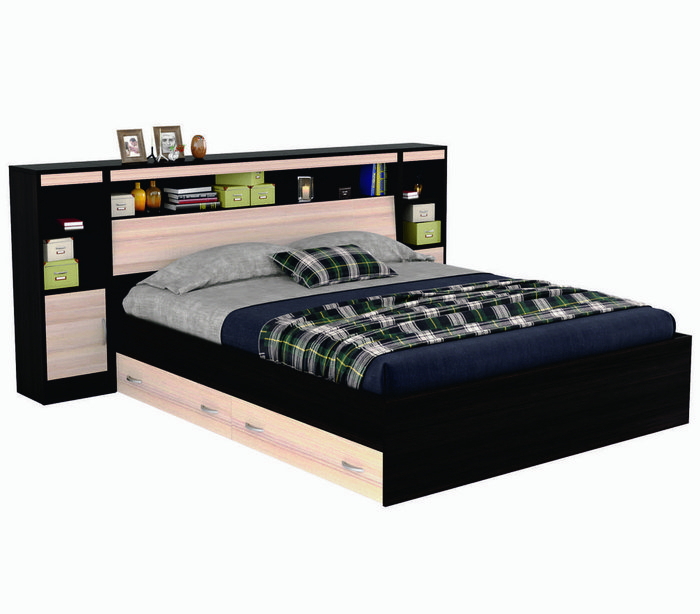Комплект для сна Виктория 180х200 черно-коричневого цвета прикроватным блоком, ящиками и матрасом