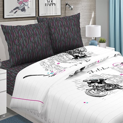 КПБ 'ДайПоспать', 1,5 спальный с 2-мя наволочками 70х70, перкаль, 100 % хлопок, пл. 105 гр./кв.м., 'Скетч Байк'