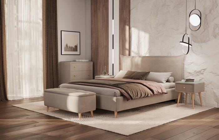 Кровать Олимпия 160x200 на деревянных ножках бежевого цвета - лучшие Кровати для спальни в INMYROOM