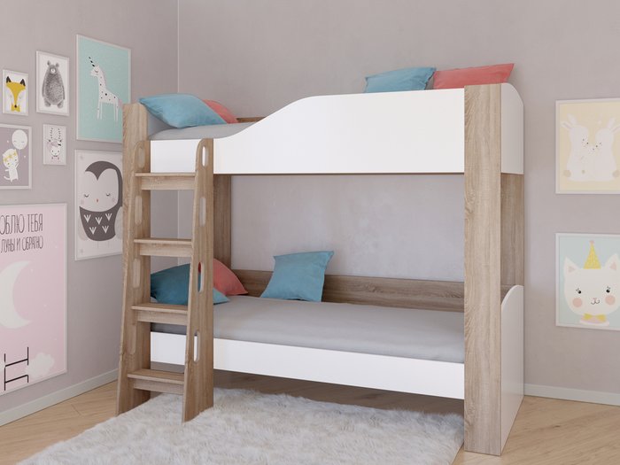 Двухъярусная кровать Астра-2 80х190 цвета Дуб сонома-Белый - купить Двухъярусные кроватки по цене 18600.0
