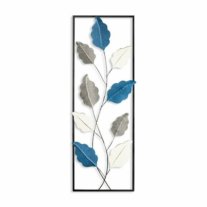 Настенный декор ручной работы Листья 32х90 из металла серо-синего цвета