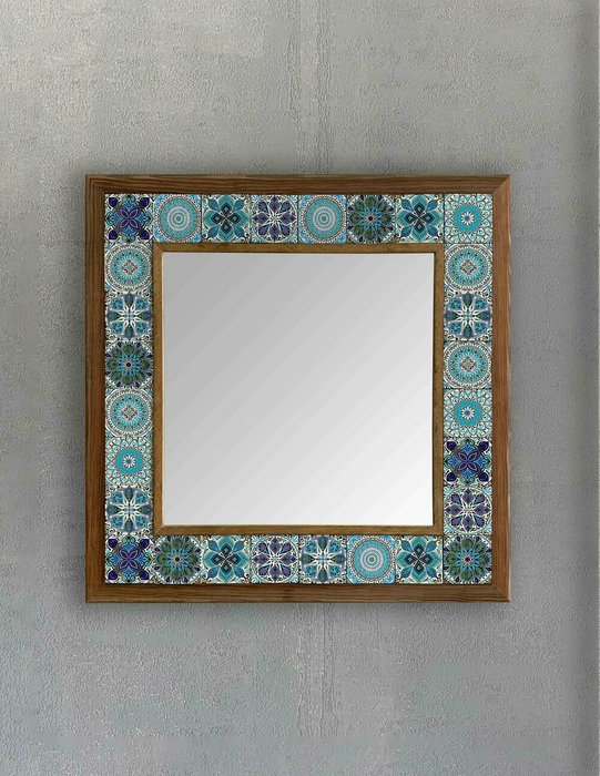 Настенное зеркало 43x43 с каменной мозаикой сине-голубого цвета - купить Настенные зеркала по цене 16871.0