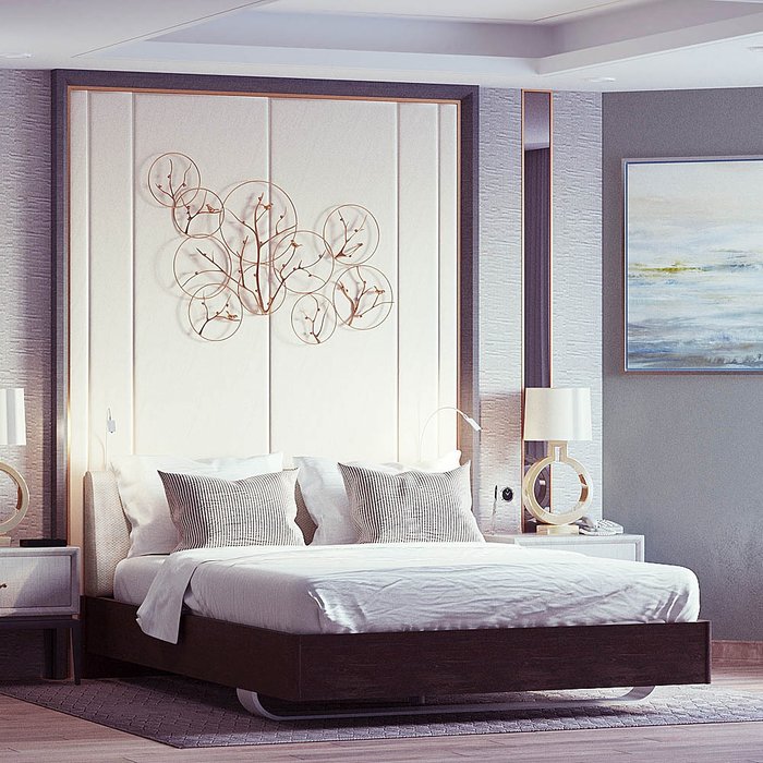 Кровать Сиена 140х200 с изголовьем молочного цвета и двумя светильниками  - лучшие Кровати для спальни в INMYROOM