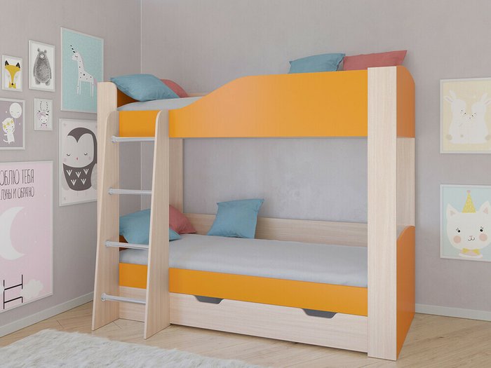 Двухъярусная кровать Астра 2 80х190 цвета Дуб молочный-оранжевый - купить Двухъярусные кроватки по цене 20200.0