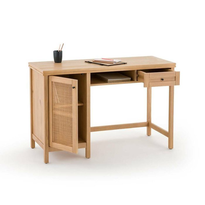 Стол письменный из массива сосны и плетения Gabin бежевого цвета - лучшие Письменные столы в INMYROOM