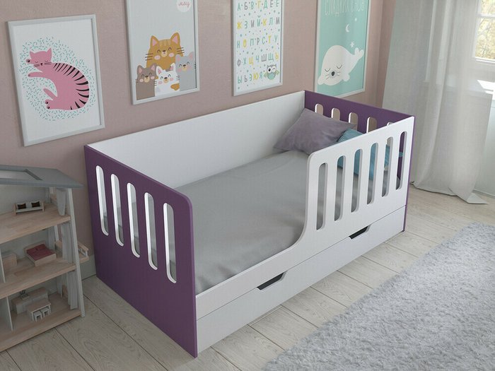 Кроватка Астра 12 80x160 бело-фиолетового цвета с выдвижным ящиком  - купить Одноярусные кроватки по цене 13200.0