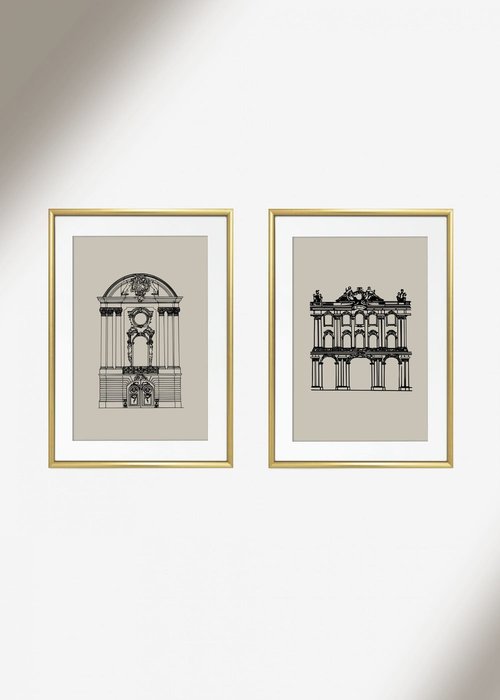 Набор из двух постеров Зимний дворец и Строгановский дворец в рамках золотого цвета 
