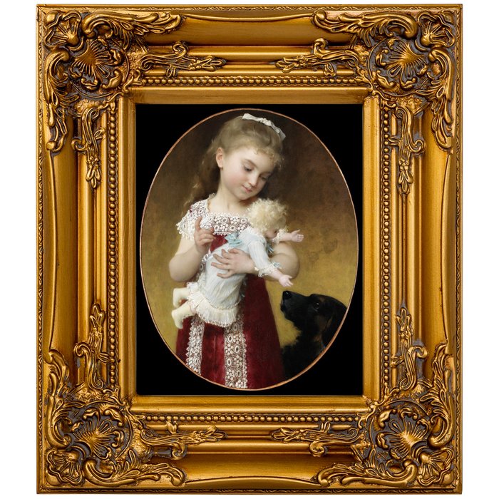 Репродукция картины Девочка с куклой в раме золотого цвета