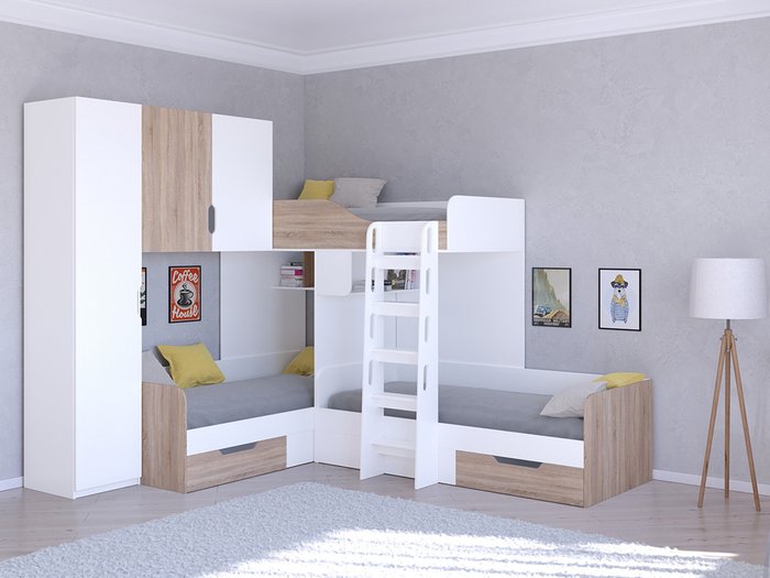 Двухъярусная кровать Трио 1 80х190 цвета Дуб Сонома-белый - купить Двухъярусные кроватки по цене 45400.0