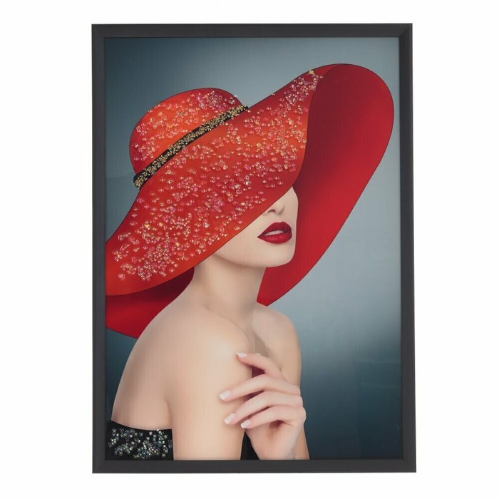 Панно Девушка в красной шляпе 51х71 бежево-красного цвета