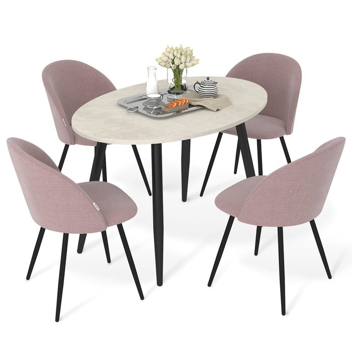 Обеденная группа из стола и четырех стульев розового цвета