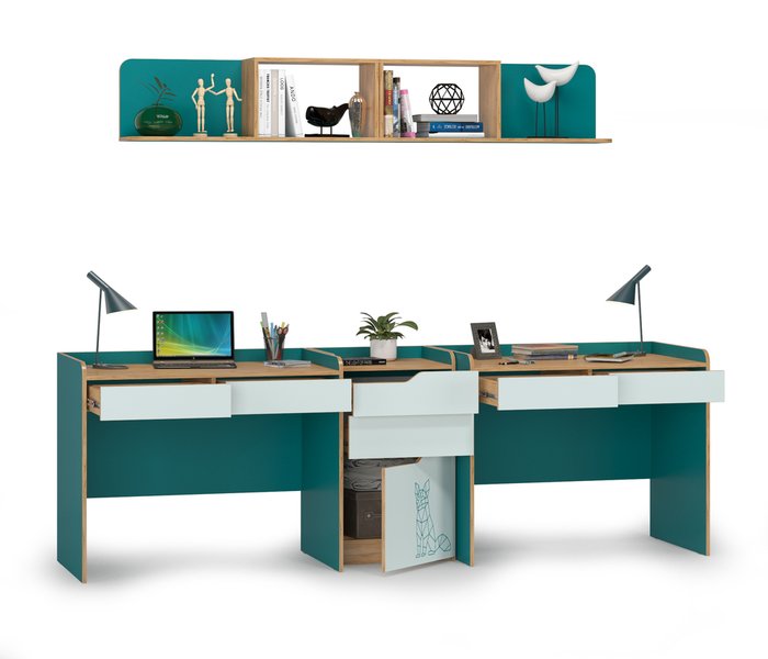 Два письменных стола с комодом и двумя полками Гудвин зеленого цвета - лучшие Письменные столы в INMYROOM