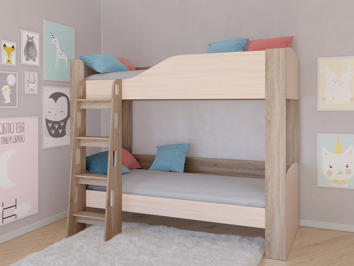 Двухъярусная кровать Астра-2 80х190 цвета Дуб сонома-Дуб молочный - купить Двухъярусные кроватки по цене 18600.0
