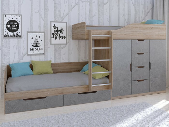 Двухъярусная кровать Астра 6 80х190 цвета Дуб Сонома-Железный камень - купить Двухъярусные кроватки по цене 38400.0