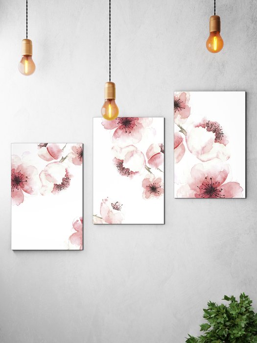 Набор из трех карти Цветы 120х60 бело-розового цвета - купить Картины по цене 7805.0