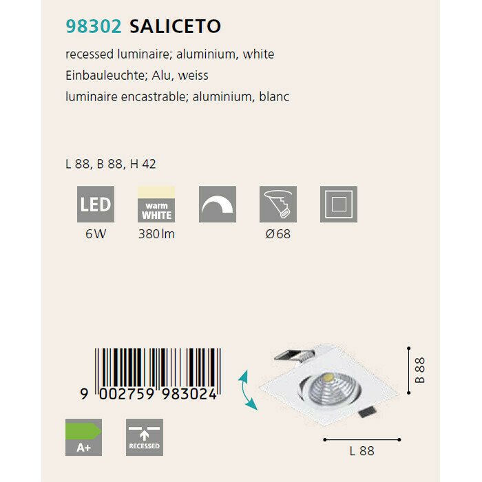 Светильник точечный Saliceto белого цвета - купить Встраиваемые споты по цене 1990.0