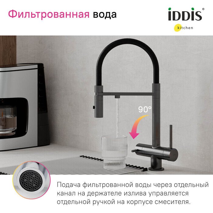 Смеситель для кухни IDDIS Ace с фильтром и гибким изливом черно-графитового цвета - купить Смесители для кухни по цене 24990 Смеситель для кухни IDDIS Ace с фильтром и гибким изливом черно-графитового цвета - купить Смесители для кухни по цене 24990