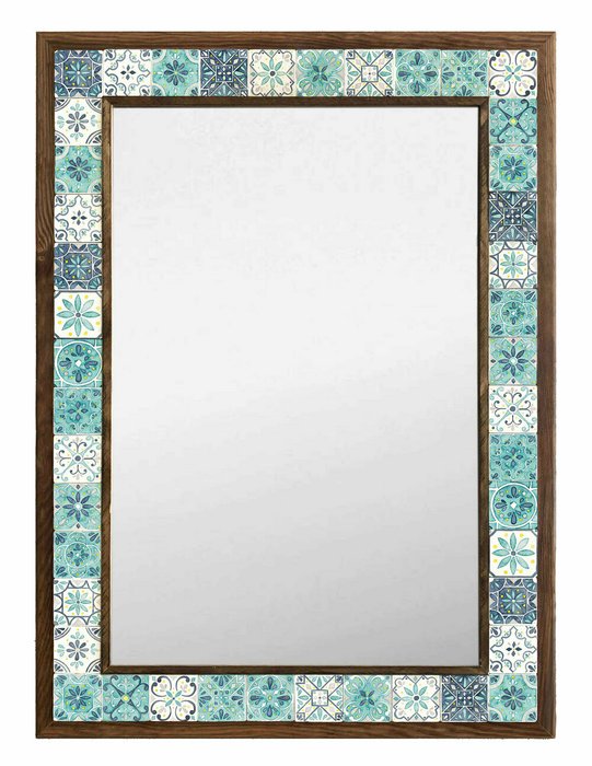 Настенное зеркало 53x73 с каменной мозаикой бело-бирюзового цвета