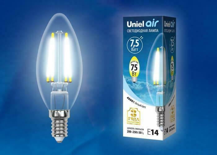 Лампа светодиодная филаментная (UL-00003247) Uniel E14 7,5W 4000K прозрачная LED-C35-7,5W/NW/E14/CL GLA01TR - купить Лампочки по цене 147.0