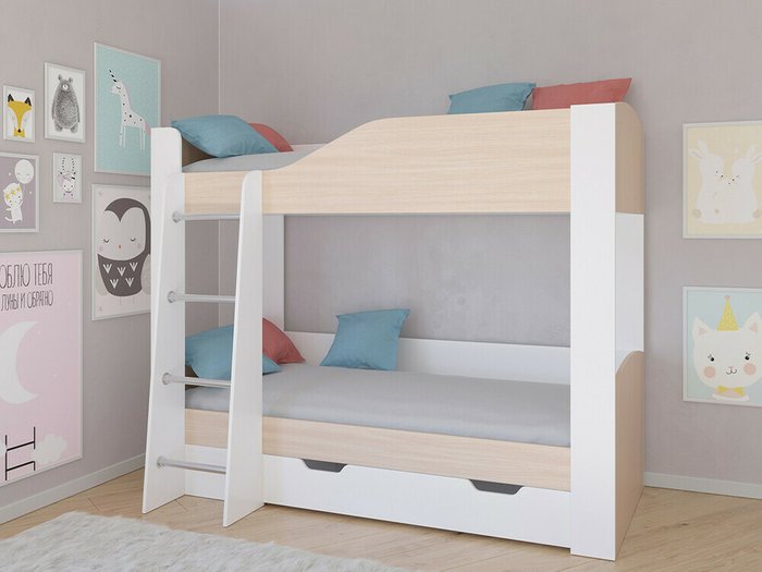 Двухъярусная кровать Астра 2 80х190 цвета Дуб молочный-белый - купить Двухъярусные кроватки по цене 20200.0