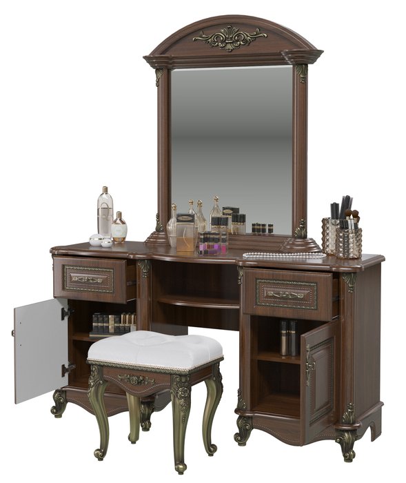 Стол туалетный с зеркалом и пуфом Да Винчи коричневого цвета - лучшие Спальные гарнитуры в INMYROOM