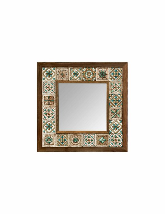 Настенное зеркало 33x33 с каменной мозаикой бежево-зеленого цвета