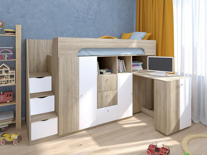 Кровать-чердак Астра 11 80х190 цвета Дуб Сонома-белый - купить Кровати-чердаки по цене 34100.0